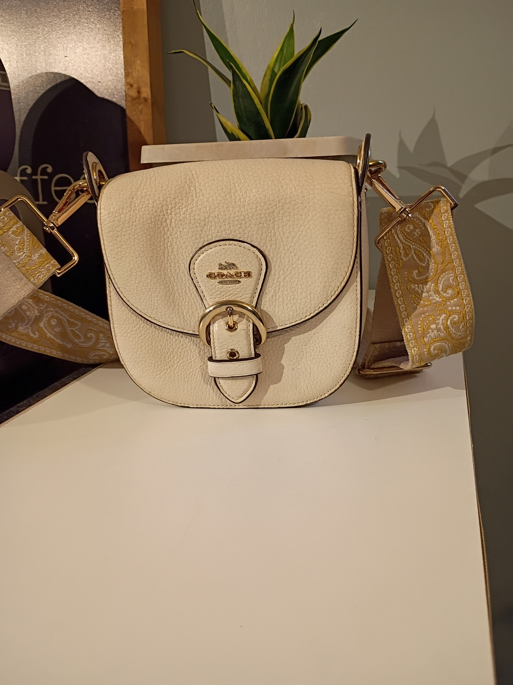 Coach Cream Leather Saddle Crossbody Bag with Decorative Strap